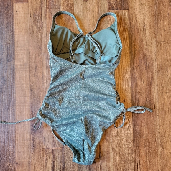 Xhilaration Green Sparkle Metallic Side Cinche One Piece Swimsuit - Picture 2 of 5